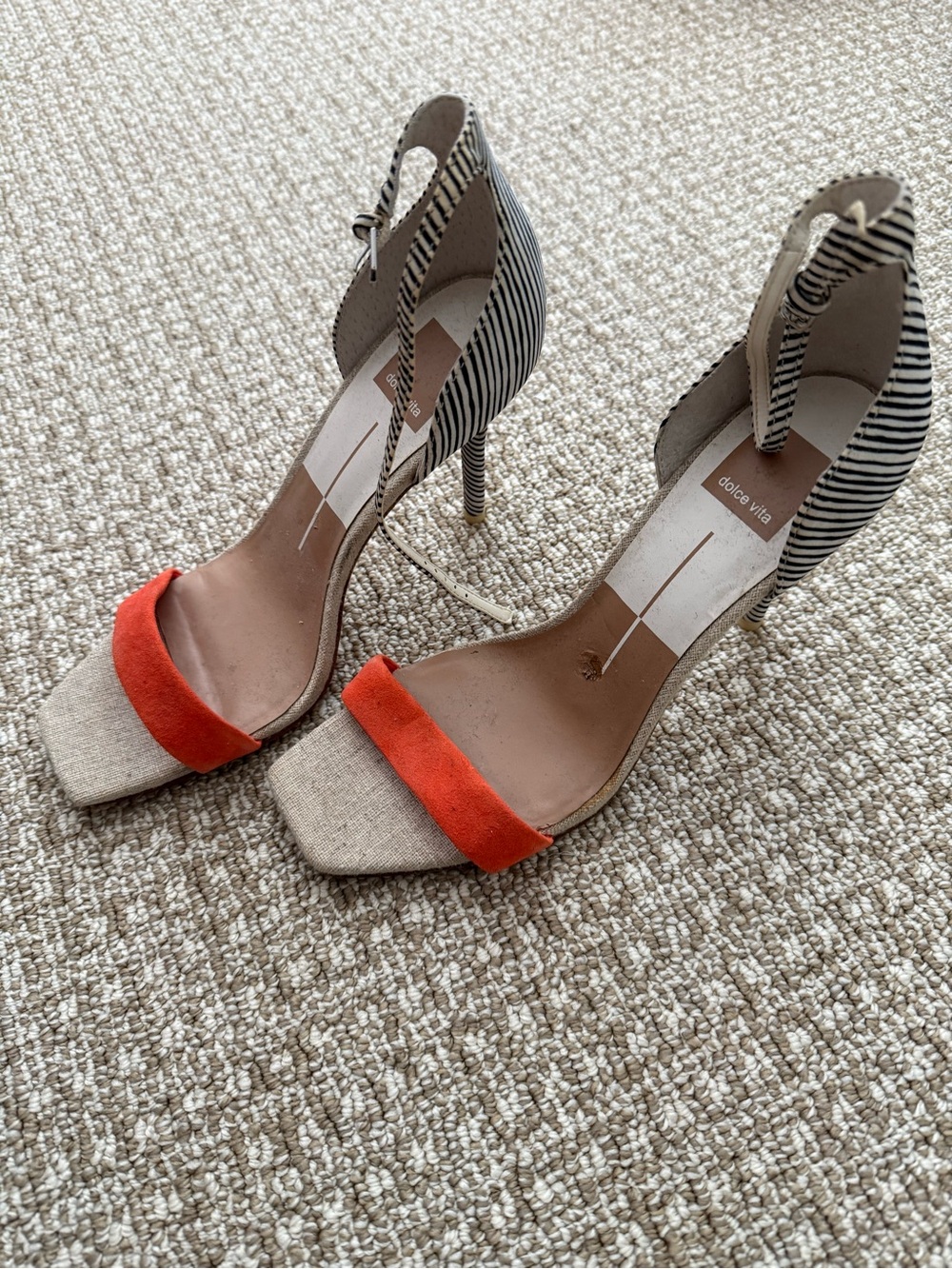 Dolce Vita Orange Suede Front-Strap Striped Ankle-Tie Heels